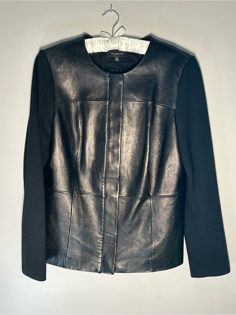 Talbots Black Leather Jacket with Knit Sleeves Size 10